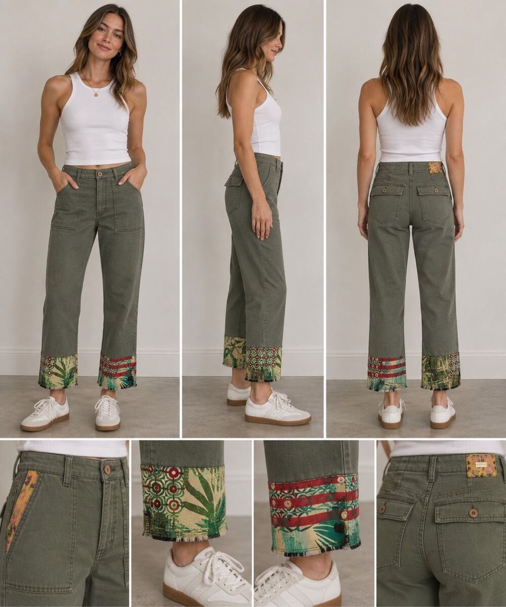 NWT Le Superbe Olive Green Cropped Utility Jeans Patchwork Boho Cuff Size 2